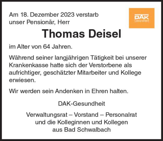Traueranzeige von Thomas Deisel von Idsteiner Land/Untertaunus