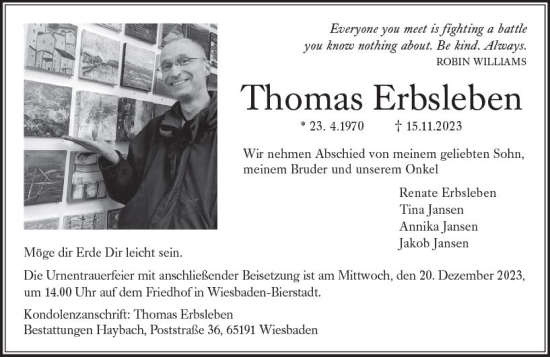 Traueranzeige von Thomas Erbsleben von Wiesbadener Kurier