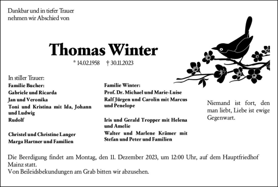 Traueranzeige von Thomas Winter von Allgemeine Zeitung Mainz