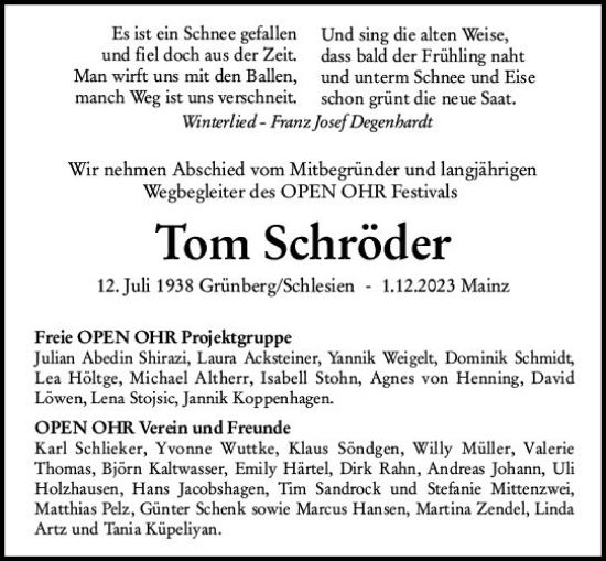 Traueranzeige von Tom Schröder von Allgemeine Zeitung Bad Kreuznach