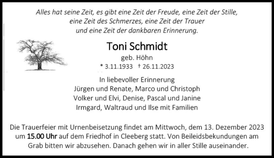 Traueranzeige von Toni Schmidt von Wetzlarer Neue Zeitung