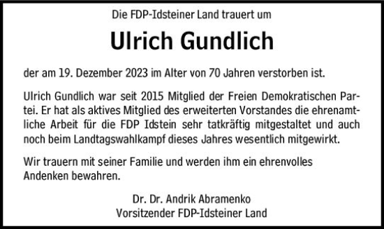 Traueranzeige von Ulrich Gundlich von Idsteiner Land/Untertaunus