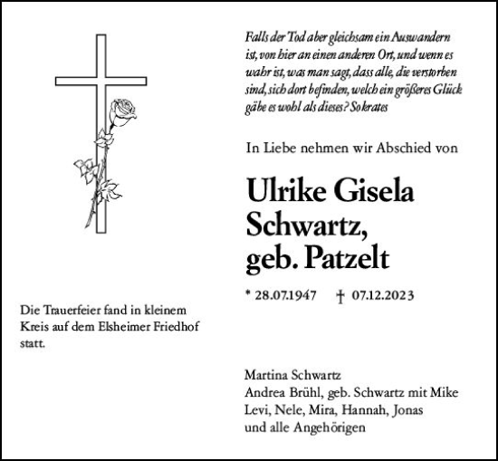 Traueranzeige von Ulrike Gisela Schwartz von Allgemeine Zeitung Mainz