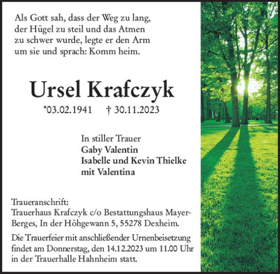 Traueranzeige von Ursel Krafczyk von Allgemeine Zeitung Mainz