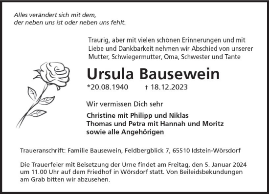Traueranzeige von Ursula Bausewein von Idsteiner Land/Untertaunus