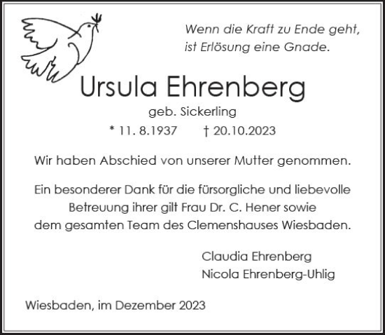Traueranzeige von Ursula Ehrenberg von Wiesbadener Kurier