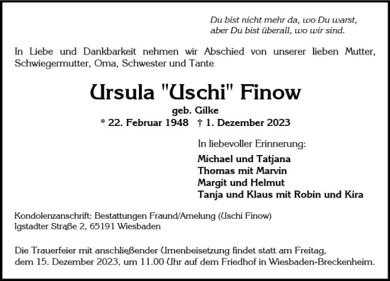 Traueranzeige von Ursula  Finow von Wiesbadener Kurier