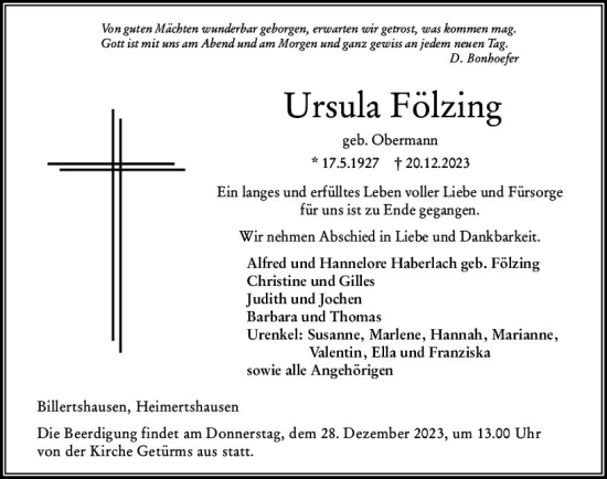 Traueranzeige von Ursula Fölzing von VRM Trauer