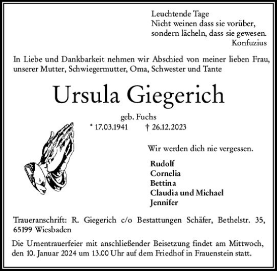 Traueranzeige von Ursula Giegerich von Wiesbadener Kurier