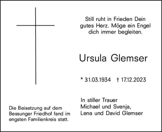 Traueranzeige von Ursula Glemser von Darmstädter Echo