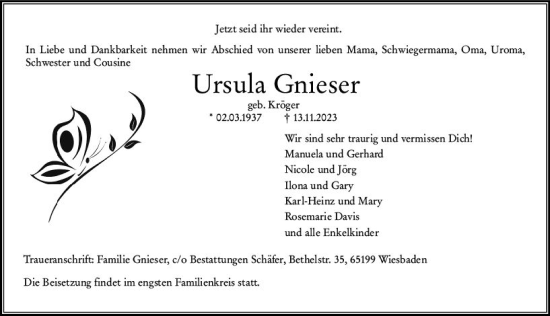 Traueranzeige von Ursula Gnieser von Wiesbadener Kurier Traueranzeige von Ursula Gnieser von Wiesbadener Kurier