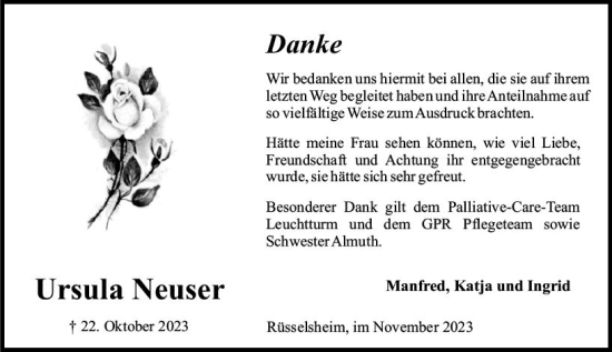Traueranzeige von Ursula Neuser von Rüsselsheimer Echo