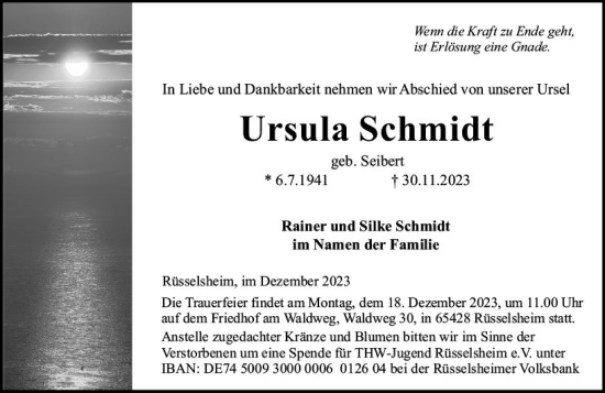Traueranzeige von Ursula Schmidt von Rüsselsheimer Echo