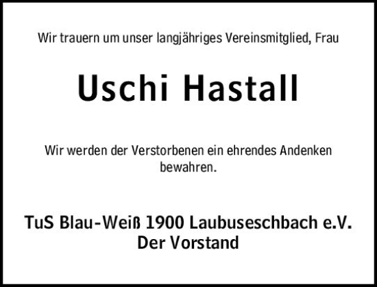 Traueranzeige von Uschi Hastall von Weilburger Tageblatt