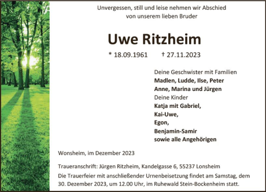 Traueranzeige von Uwe Ritzheim von Allgemeine Zeitung Alzey