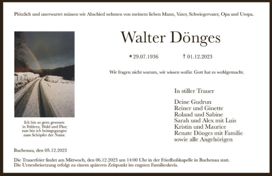 Traueranzeige von Walter Dönges von Hinterländer Anzeiger