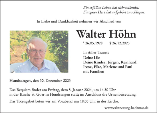 Traueranzeige von Walter Höhn von Nassauische Neue Presse