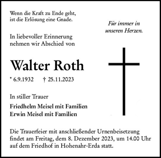 Traueranzeige von Walter Roth von Wetzlarer Neue Zeitung
