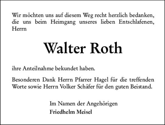Traueranzeige von Walter Roth von Wetzlarer Neue Zeitung