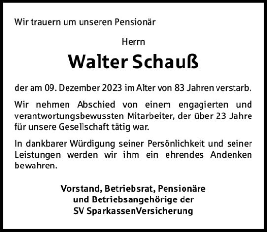 Traueranzeige von Walter Schauß von Wiesbadener Kurier