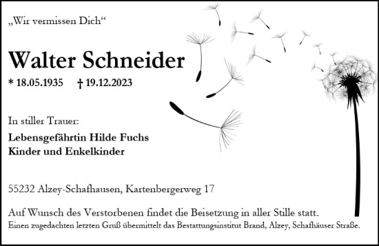 Traueranzeige von Walter Schneider von Allgemeine Zeitung Alzey