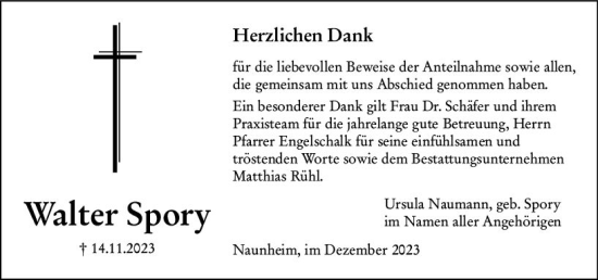 Traueranzeige von Walter Spory von Wetzlarer Neue Zeitung