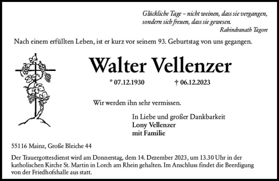 Traueranzeige von Walter Vellenzer von Rheingau Kurier