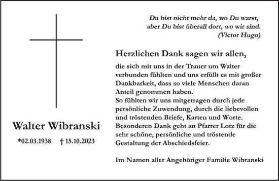 Traueranzeige von Walter Wibranski von Allgemeine Zeitung Alzey