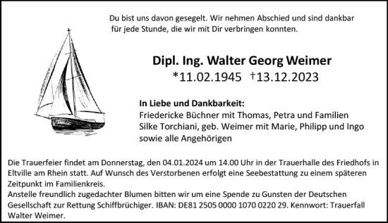 Traueranzeige von Walter Georg Weimer von Wiesbadener Kurier
