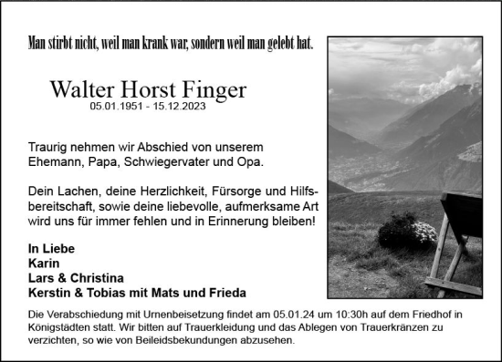 Traueranzeige von Walter Horst Finger von Rüsselsheimer Echo