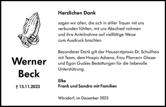 Traueranzeige von Werner Beck von Idsteiner Land/Untertaunus