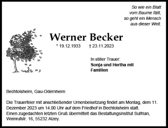 Traueranzeige von Werner Becker von Allgemeine Zeitung Alzey