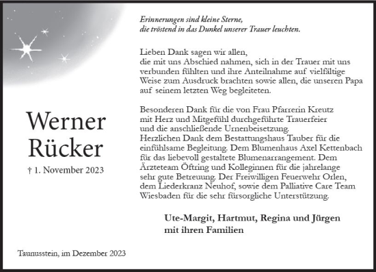 Traueranzeige von Werner Rücker von Wiesbadener Kurier