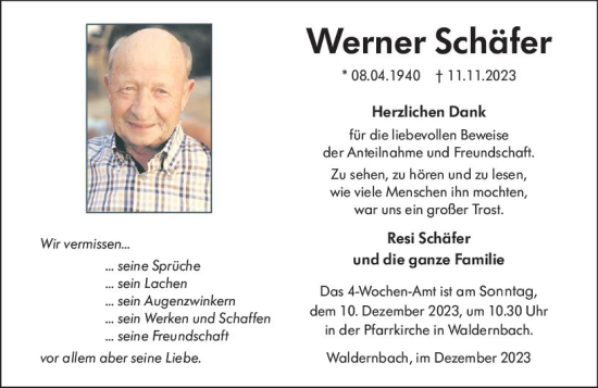 Traueranzeige von Werner Schäfer von Weilburger Tageblatt