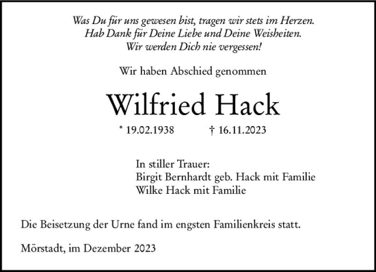 Traueranzeige von Wilfried Hack von Wormser Zeitung