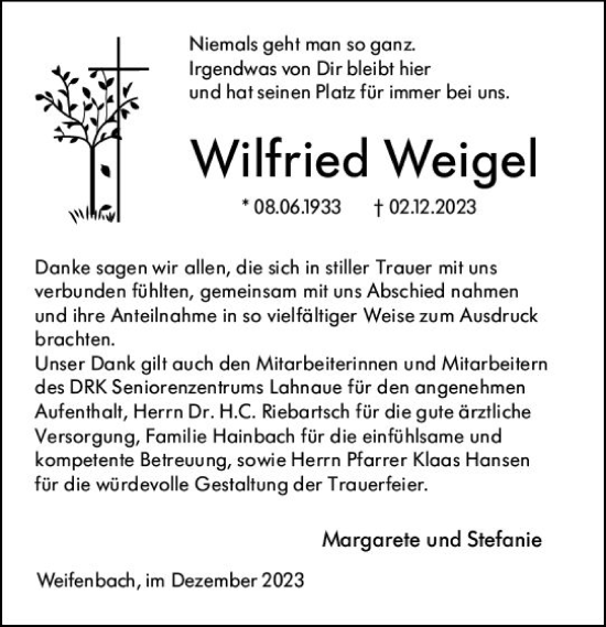 Traueranzeige von Wilfried Weigel von Hinterländer Anzeiger