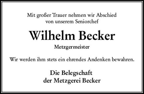 Traueranzeige von Wilhelm Becker von VRM Trauer