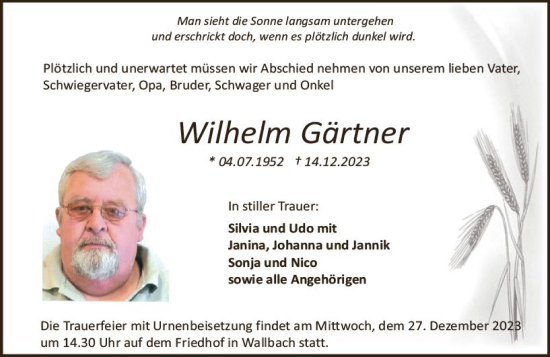 Traueranzeige von Wilhelm Gärtner von Odenwälder Echo