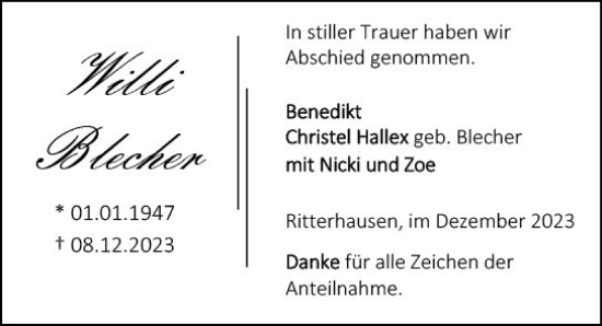Traueranzeige von Willi Blecher von Dill Block