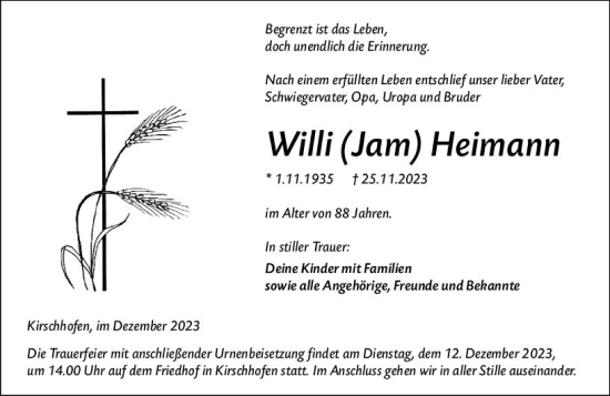 Traueranzeige von Willi  Heimann von Weilburger Tageblatt