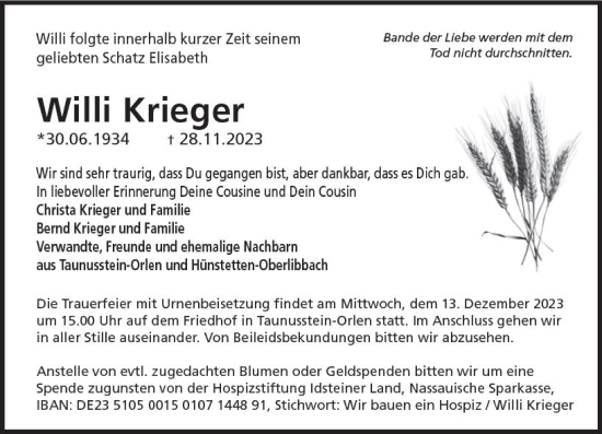 Traueranzeige von Willi Krieger von Idsteiner Land/Untertaunus