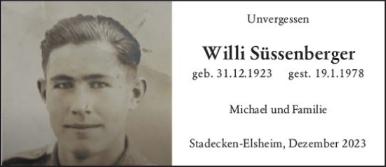 Traueranzeige von Willi Süssenberger von Allgemeine Zeitung Mainz