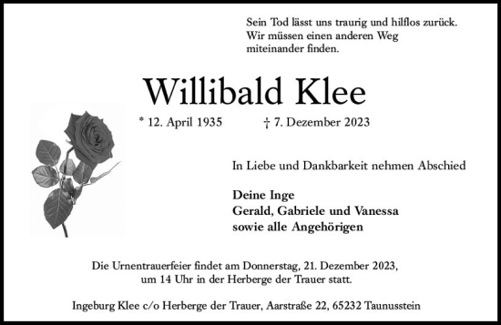 Traueranzeige von Willibald Klee von Wiesbadener Kurier