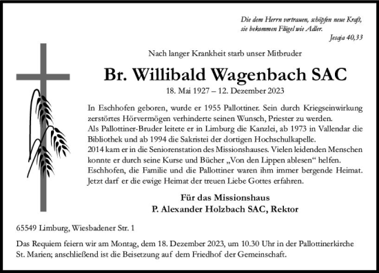 Traueranzeige von Willibald Wagenbach von Nassauische Neue Presse