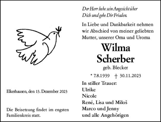 Traueranzeige von Wilma Scherber von Weilburger Tageblatt