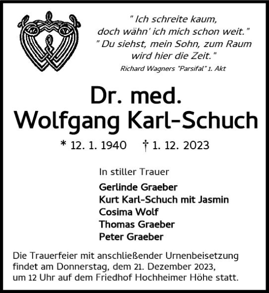 Traueranzeige von Wolfgang Karl-Schuch von Wormser Zeitung