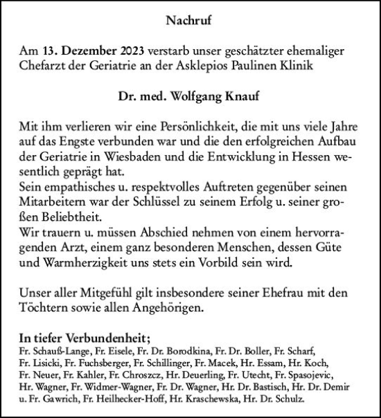 Traueranzeige von Wolfgang Knauf von Wiesbadener Kurier