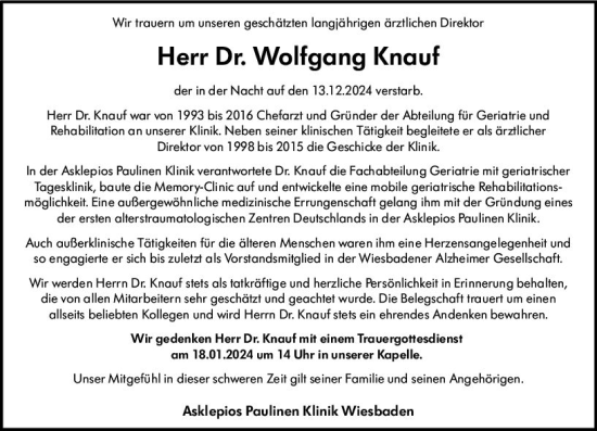 Traueranzeige von Wolfgang Knauf von Wiesbadener Kurier