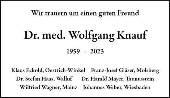 Traueranzeige von Wolfgang Knauf von Wiesbadener Kurier