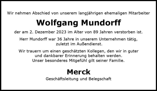 Traueranzeige von Wolfgang Mundorff von Darmstädter Echo
